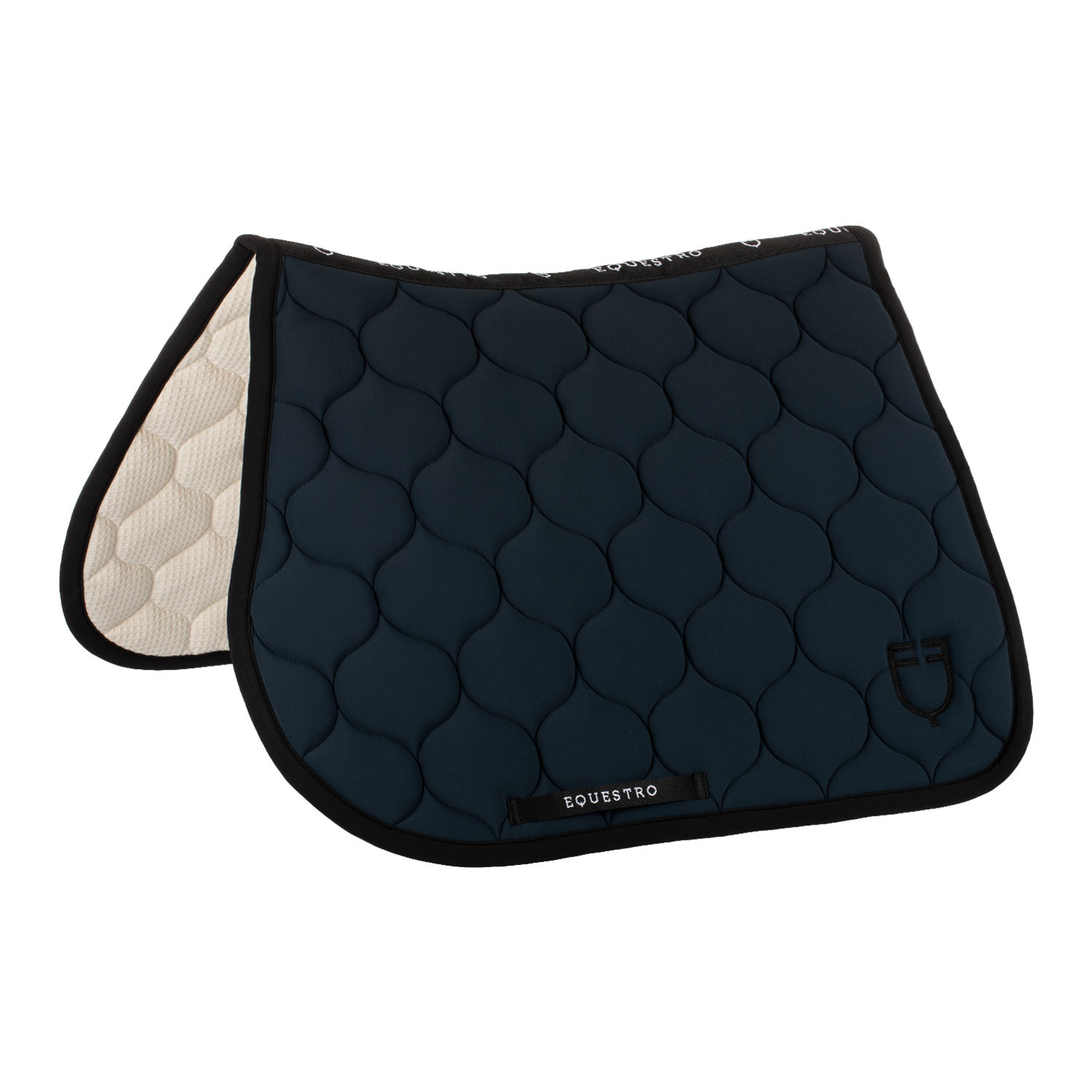 Dark blue quilted saddle pad with a beige underside and black trim, brand label reads EQUESTRO on bottom edge