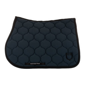 Dark teal quilted horse saddle pad with curved edges and black trim, branded EQUESTRO on a tag at the bottom edge.