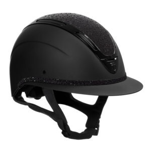 Black riding helmet with glittery trim along the top and ventilation slots