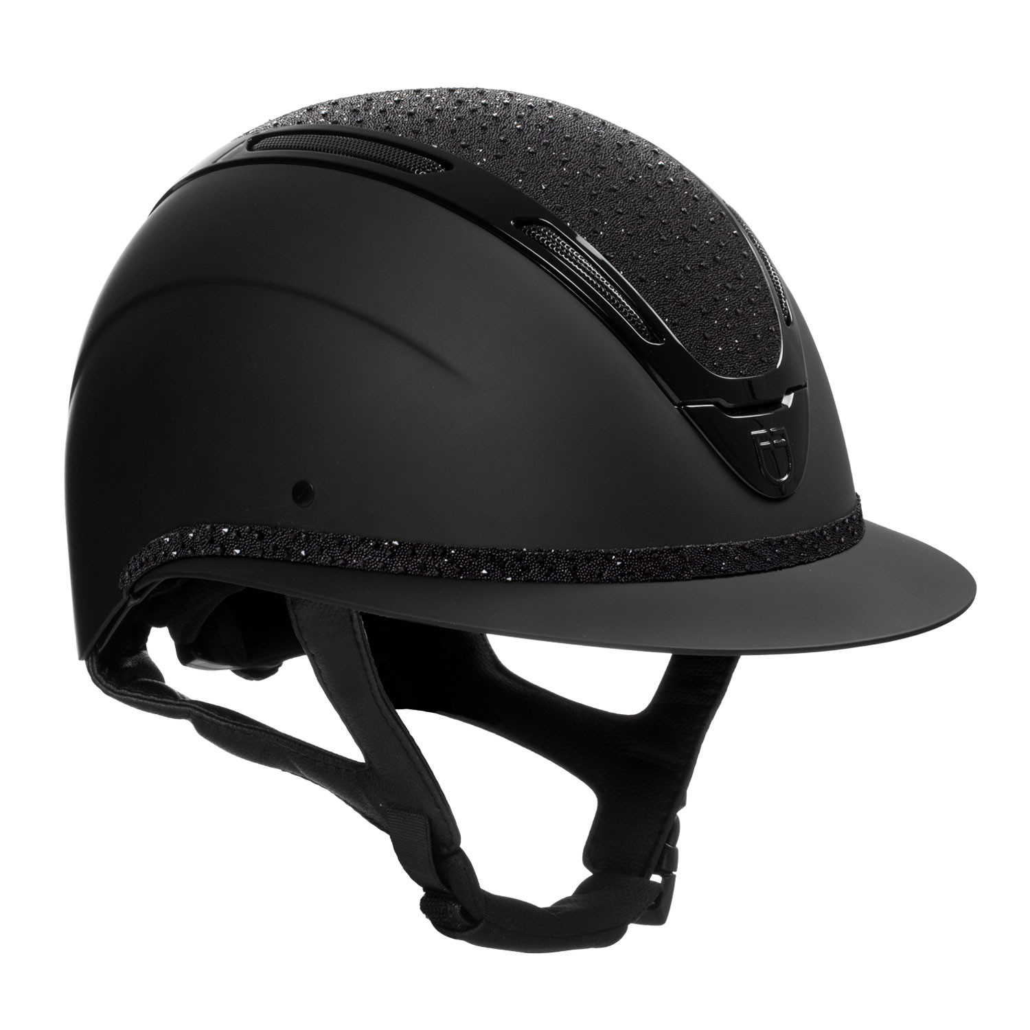 Black riding helmet with glittery trim along the top and ventilation slots