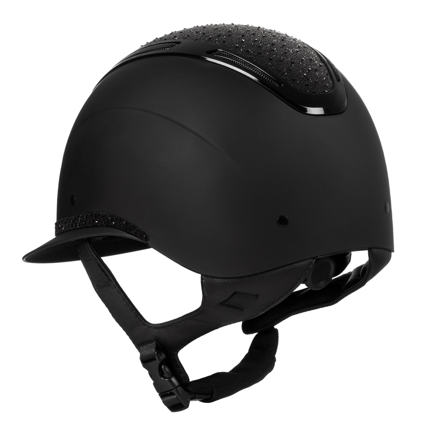 Black matte helmet with a dotted top pad and adjustable chin strap (skate/sport helmet)