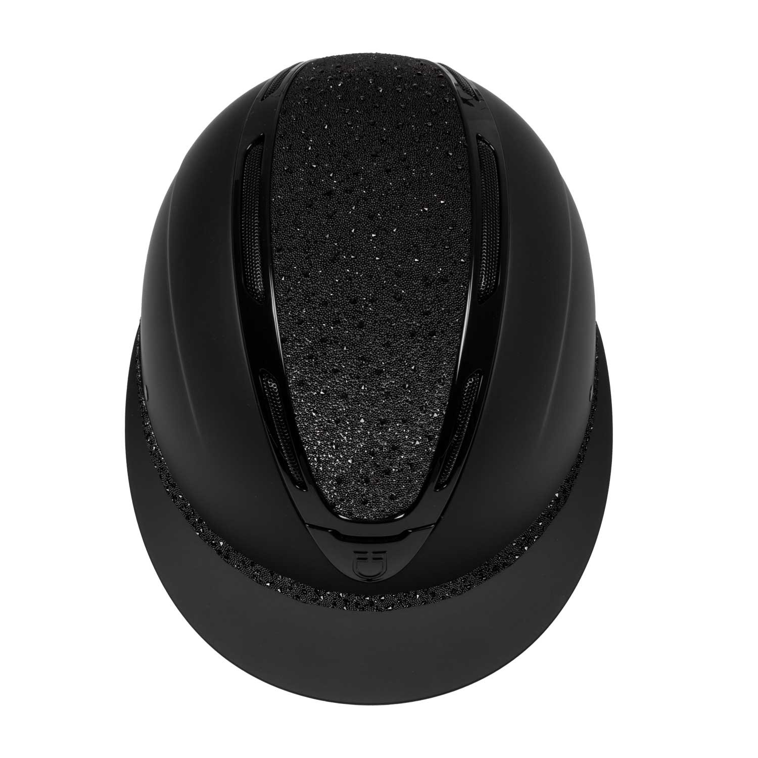 Top view of a black motorcycle helmet with a textured, glittery center panel and smooth sides.