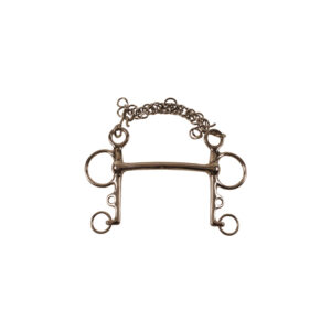 Metal horse bit with ringed cheek pieces and a short curb chain, part of horse tack.