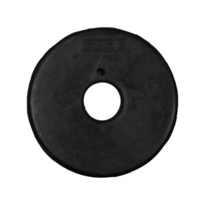 A black weight plate with a central hole, used for weightlifting or gym workouts, marked EZEE patent pending.