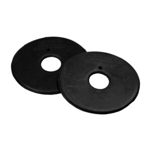 Two black weight plates with large central holes overlapping on a white background (gym equipment)....