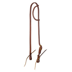 Two brown leather horse bridle straps with metal rings hanging down, showing stitching and buckles ahead of a white background.