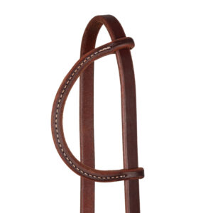 Close-up of brown leather straps with white stitching forming a loop, likely part of a bridle or saddlery.
