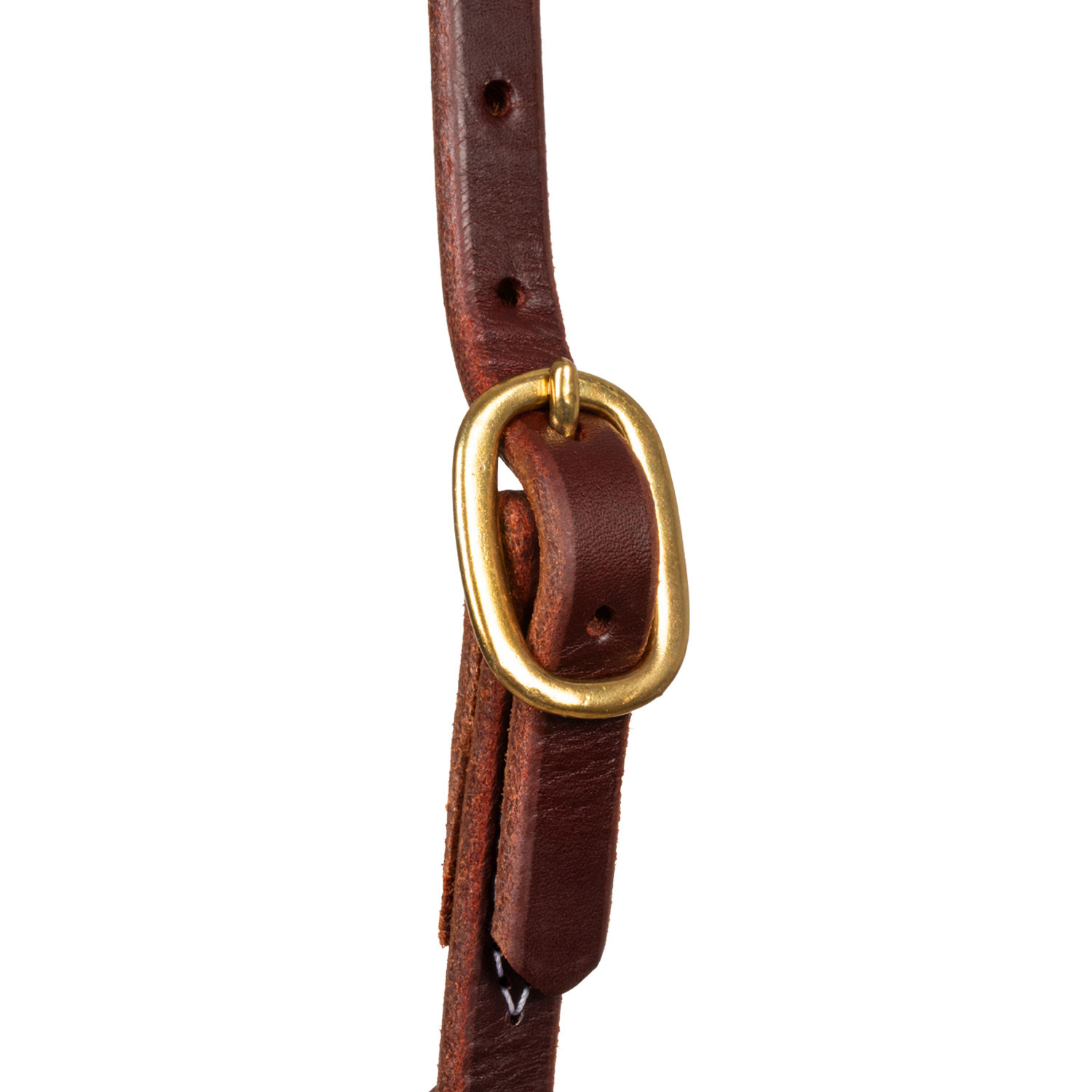 Brown leather strap threaded through a gold oval buckle against a white background.