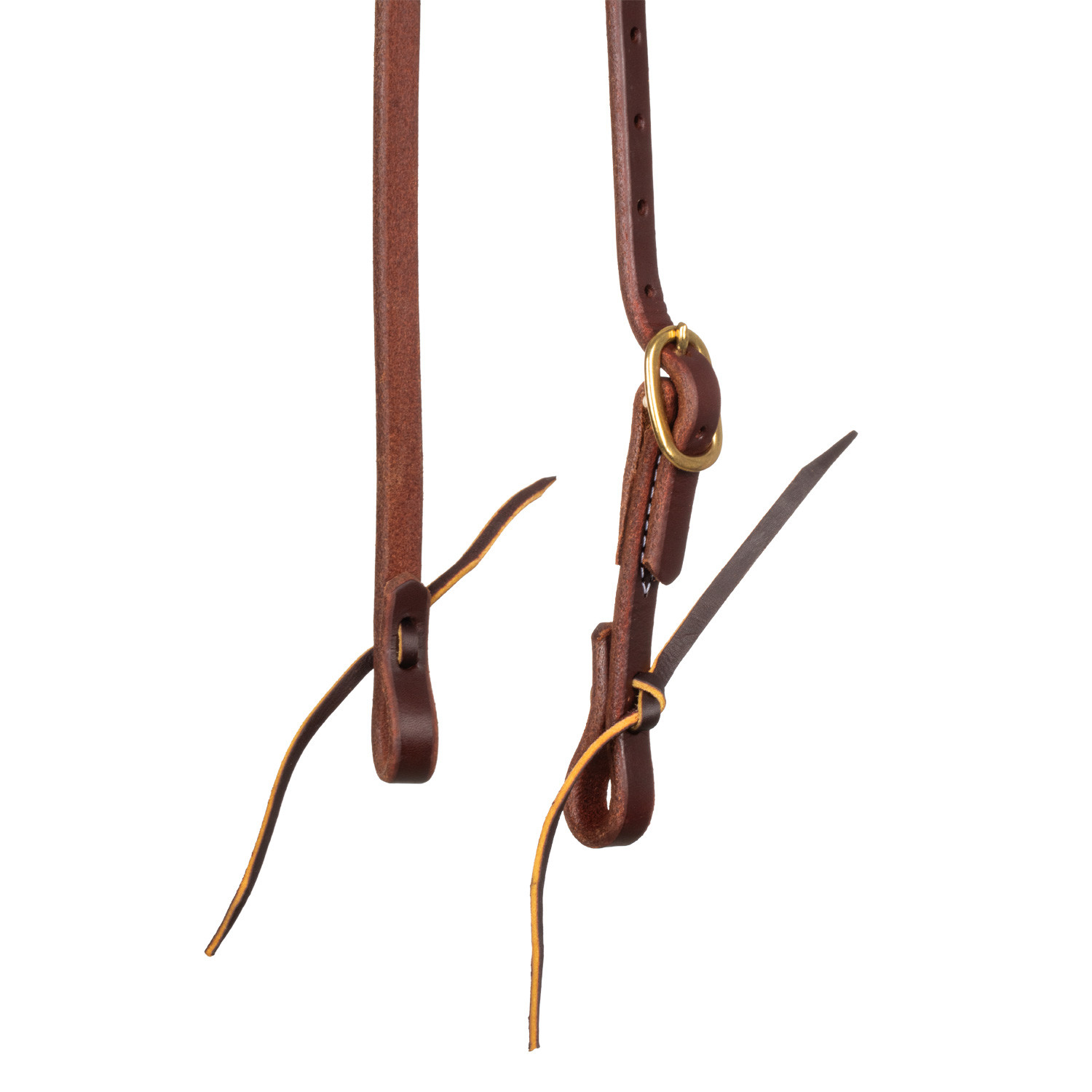 Close-up of brown leather horse bridle with a brass ring and hanging reins against a white background