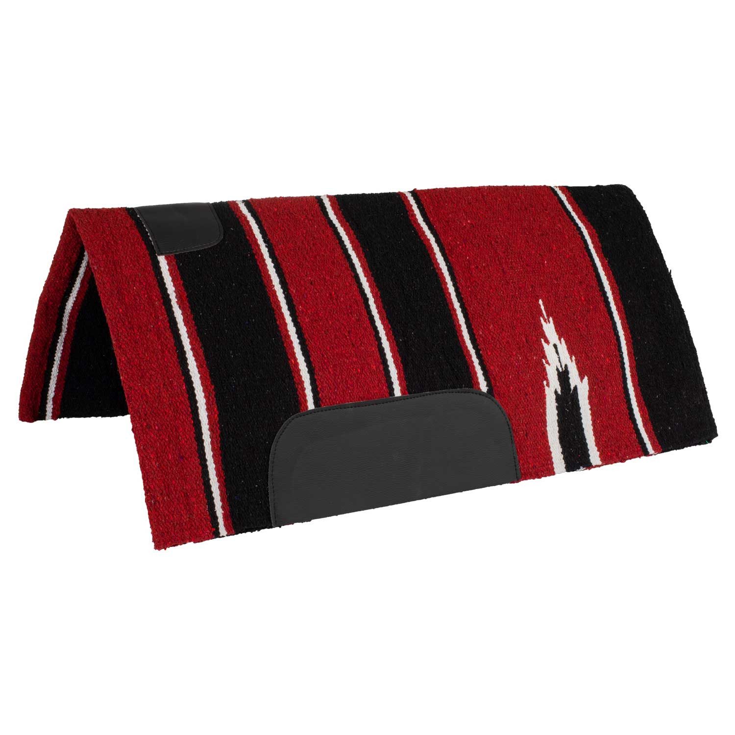 Folded red and black striped blanket or saddle pad with leather patches on the corners