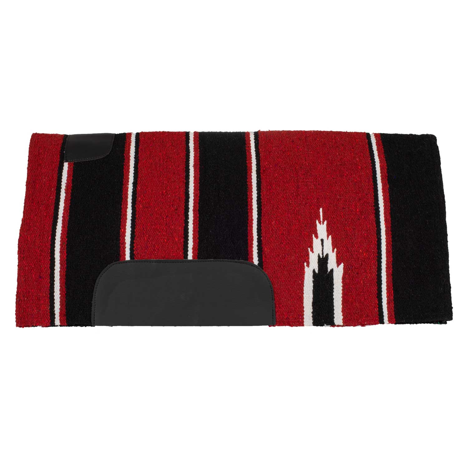 Red and black striped blanket folded with a black leather corner patch and a small curved pocket visible on the front.