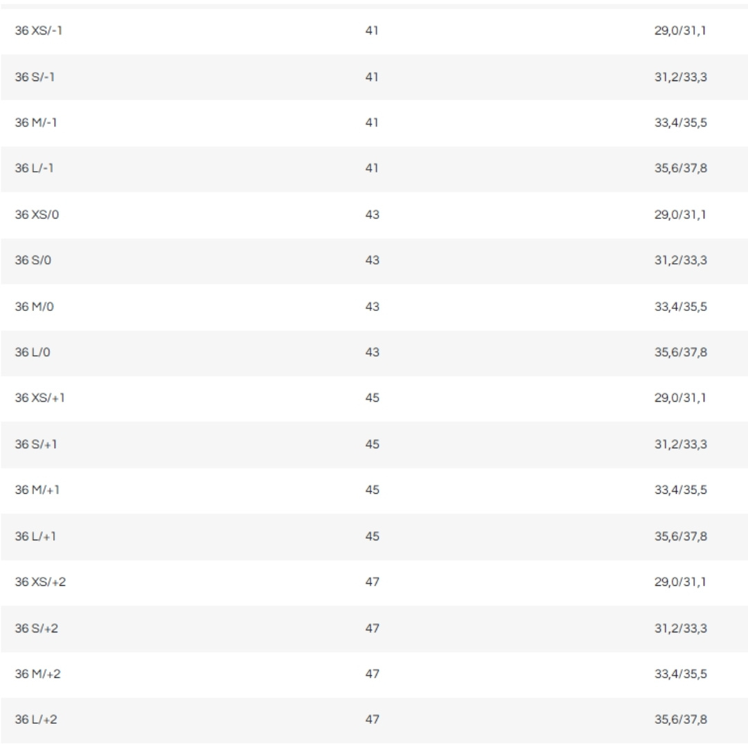 Size chart for clothing: left column shows size labels (36 XS/-1 to 36 L/+2), middle column lists 41–47, right column gives corresponding measurements (e.g., 29,0/31,1 to 35,6/37,8).