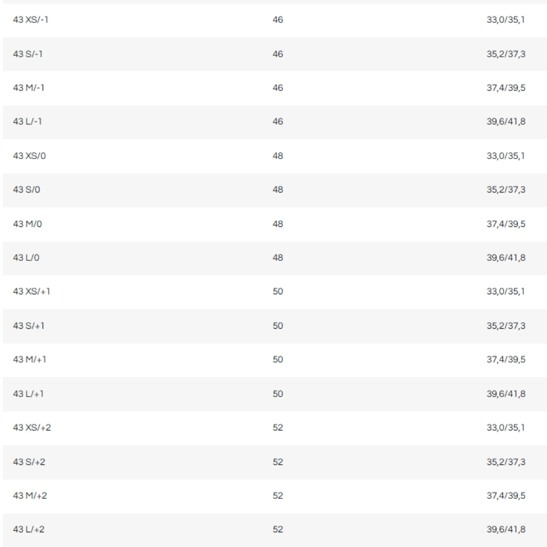 Size chart table listing codes from 43 XS/-1 to 43 L/+2 with corresponding chest size and waist measurements (e.g., 46 cm chest, 33.0/35.1 cm waist).
