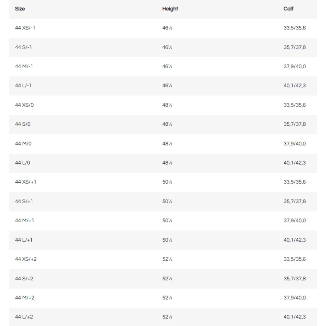 Size chart table listing 44 size variants (XS to L with +/-) and their corresponding height (46½–52½) and calf measurements (e.g., 33.5–35.6 cm to 40.1–42.3 cm).