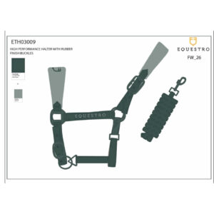 High-performance horse halter with rubber-finish buckles and matching lead rope, labeled EQUESTRO ETH03009 FW_26