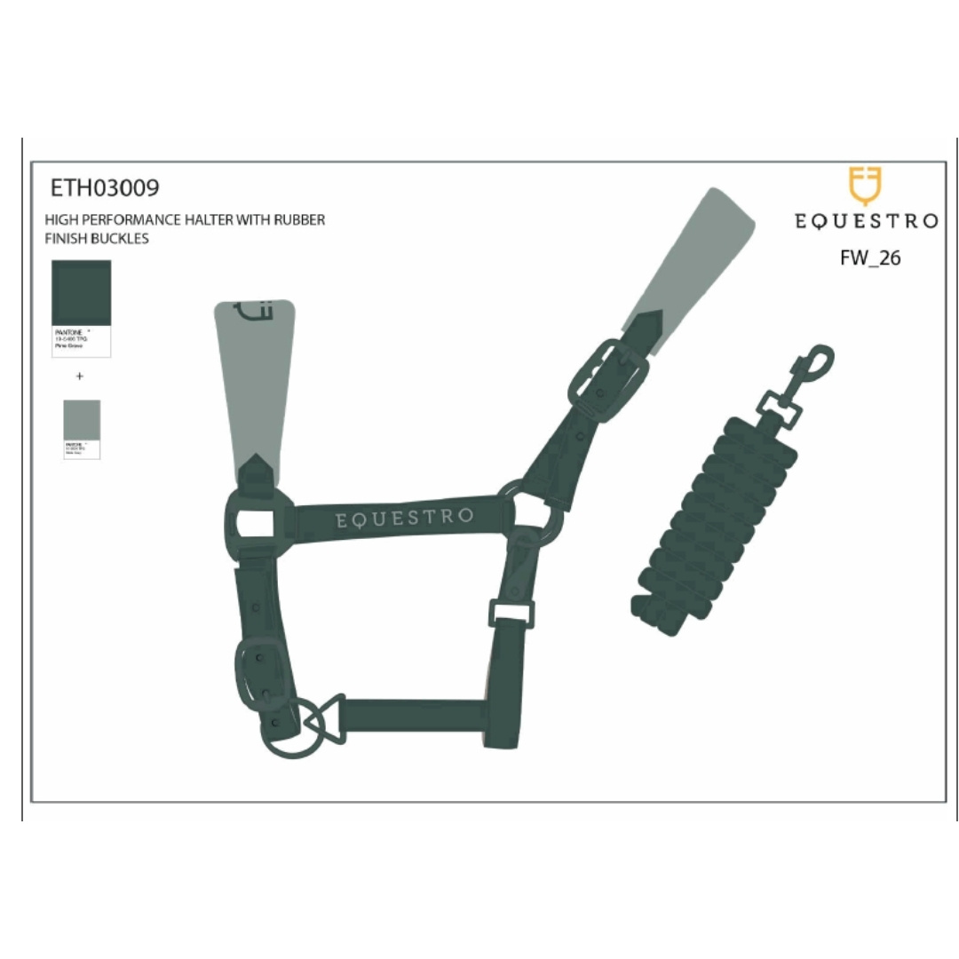 High-performance horse halter with rubber-finish buckles and matching lead rope, labeled EQUESTRO ETH03009 FW_26