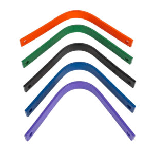 Set of five color-coded metal L-angle brackets with holes, arranged in an arc (orange, green, black, blue, purple).