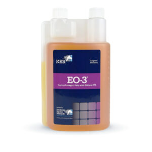 Amber EO-3 omega-3 supplement bottle for horses with white caps and purple label reading EO-3 DHA and EPA (Kentucky Equine Research)