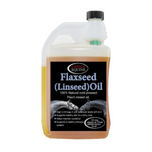 Front-facing bottle of Flaxseed (Linseed) Oil for horses, Omega Equine, with a black label and orange oil inside