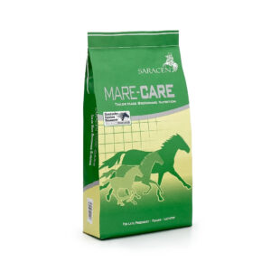 Green bag labeled 'MARE-CARE' for broodmare nutrition with running horse graphic and the Saracen logo