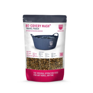 Bag of Re-Covey Mash travel pouch horse hydration feed, with a blue bucket image on the front and pink accents at the bottom.