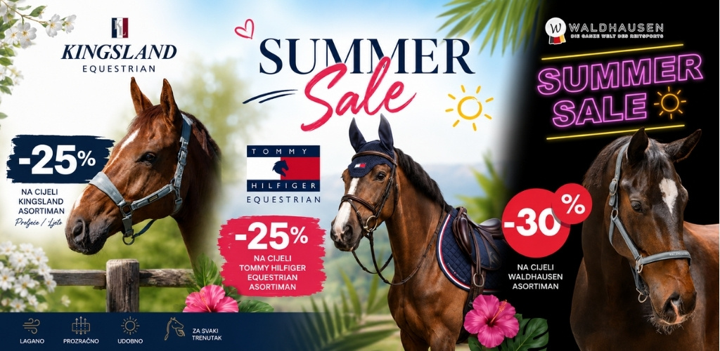 Banner advertising a Summer Sale with three horses, brand logos (Kingsland, Tommy Hilfiger, Waldhausen) and discount tags of 25% on some items and 30% on Waldhausen items, set against a bright outdoor scene.